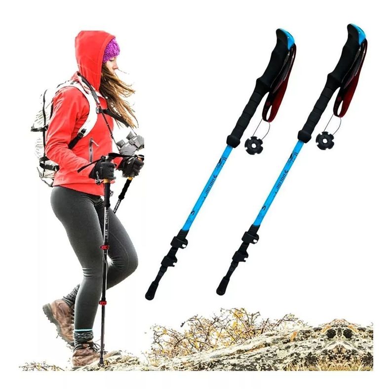 2 Bastón Trekking Senderismo Camping 3 Tramos Duralumin 7075 Azul-1