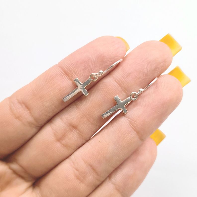 Aros Cruz Mini Colgante Gancho Plata Fina 925-1