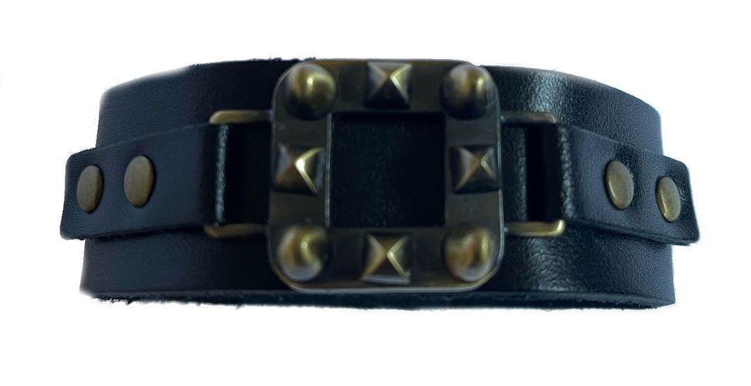 Pulsera de Cuero Negra Placa Bronce Bullet-0