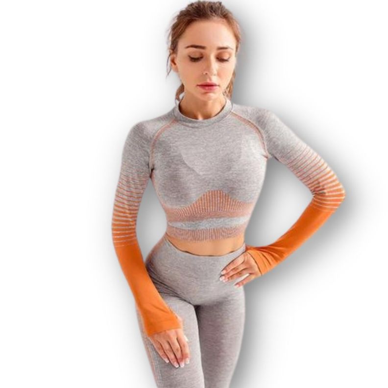 Conjunto Fitness Naranja Gimnasio 2 Piezas Manga Larga Sin Costuras-4