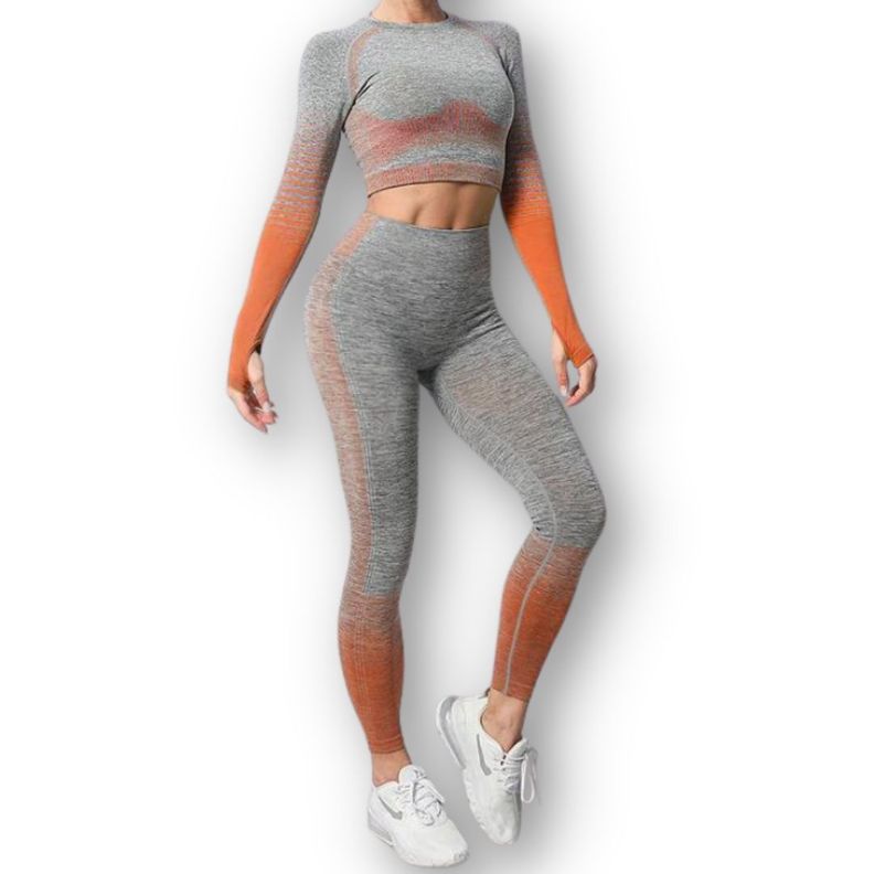 Conjunto Fitness Naranja Gimnasio 2 Piezas Manga Larga Sin Costuras-0