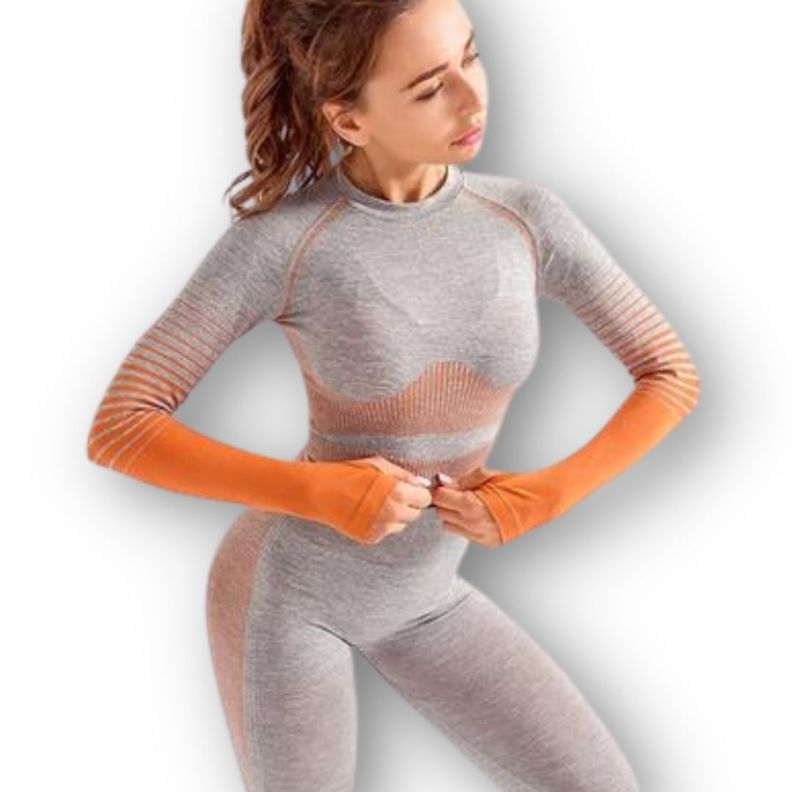 Conjunto Fitness Naranja Gimnasio 2 Piezas Manga Larga Sin Costuras-2