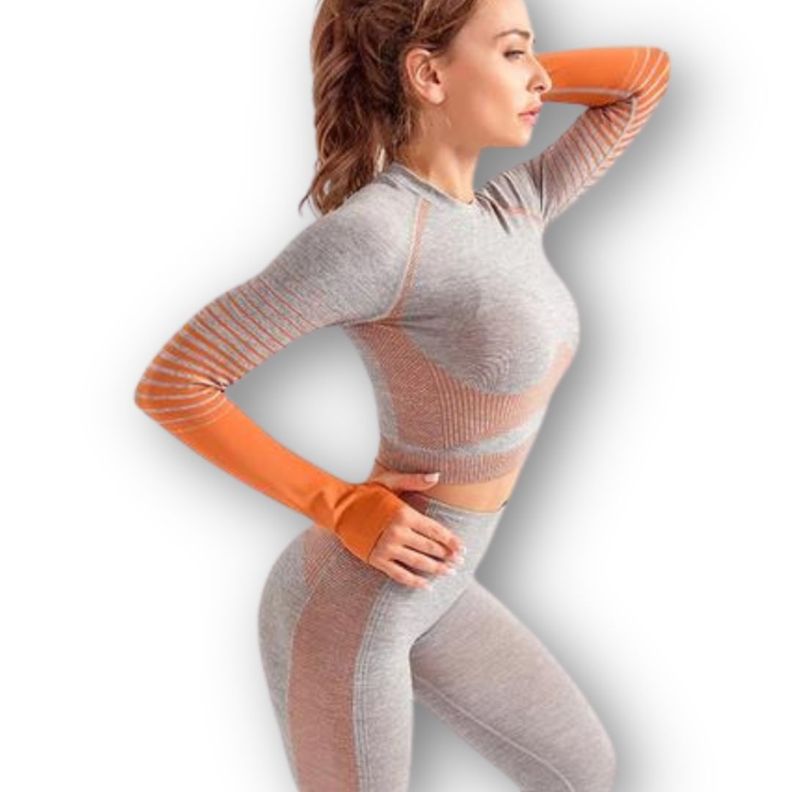 Conjunto Fitness Naranja Gimnasio 2 Piezas Manga Larga Sin Costuras-3