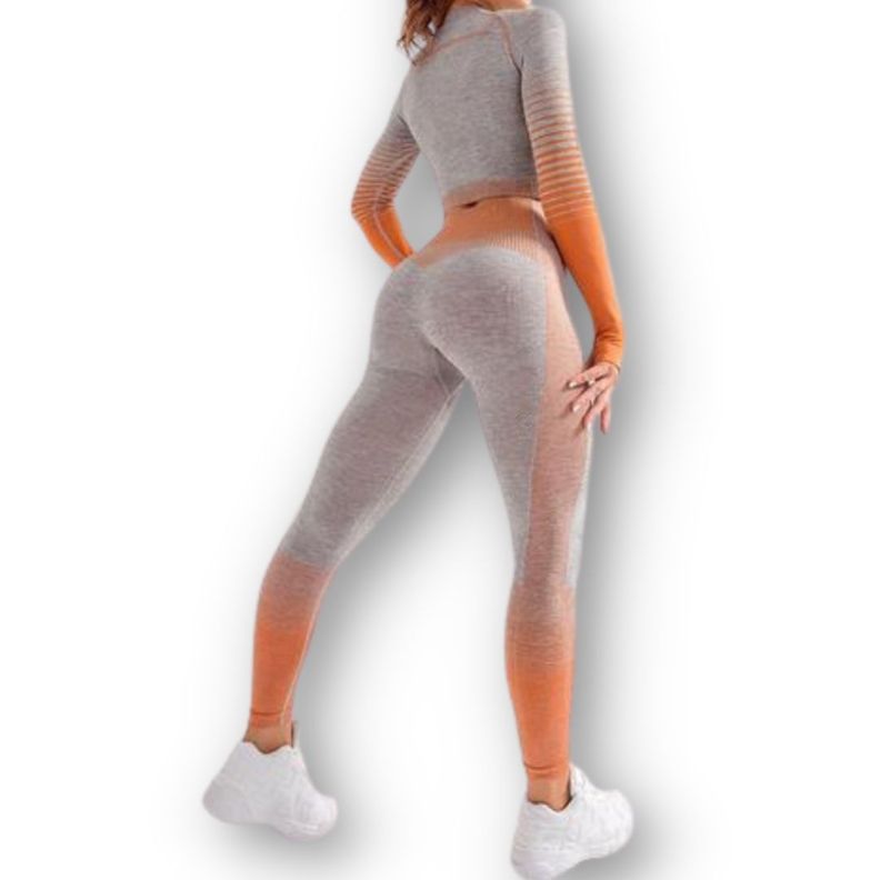 Conjunto Fitness Naranja Gimnasio 2 Piezas Manga Larga Sin Costuras-1