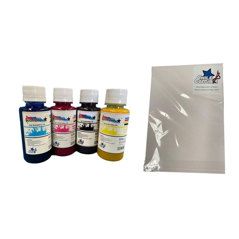 Pack sublimacion tinta 4 ( BCYM) 100 cc + resma A4-0