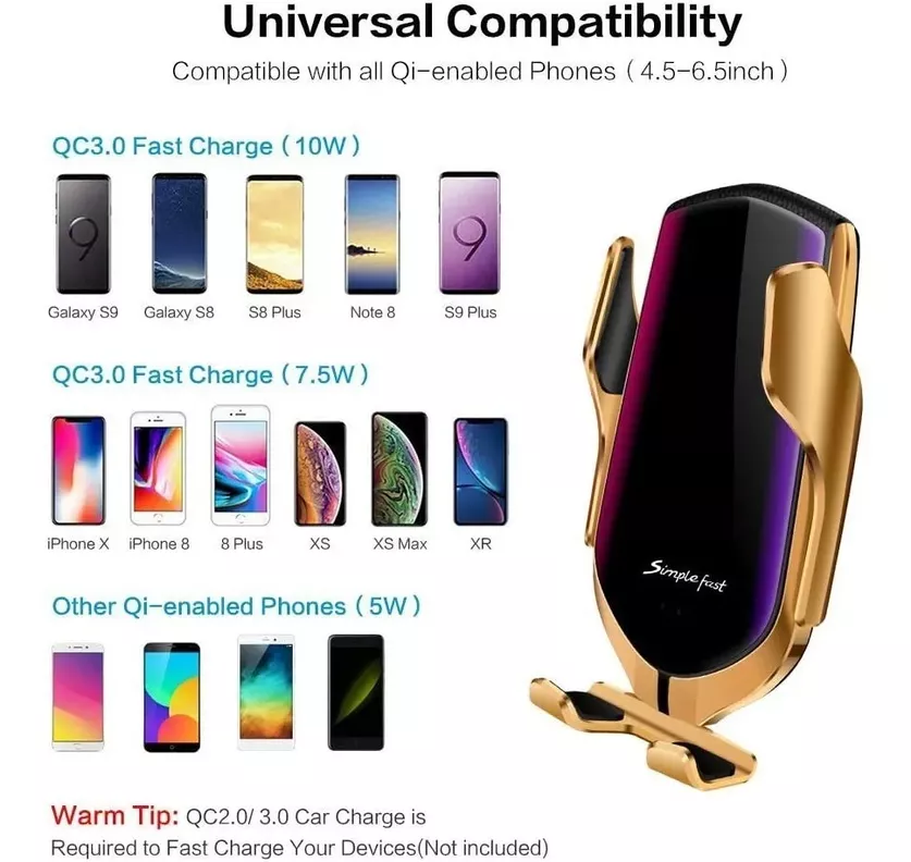 Soporte Porta Celular Auto Cargador Inteligente Inalámbrico Smartphone R2 Dorado-4