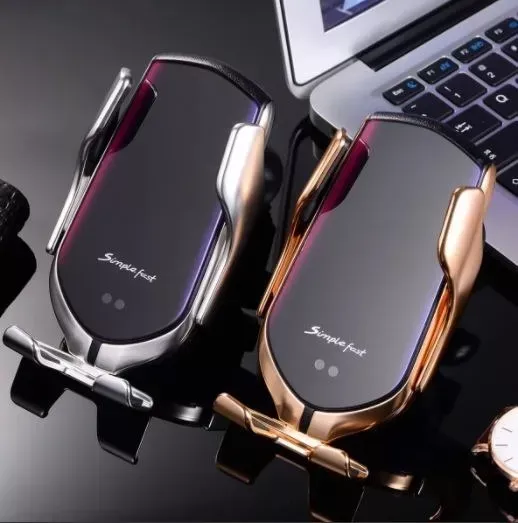Soporte Porta Celular Auto Cargador Inteligente Inalámbrico Smartphone R2 Dorado-2
