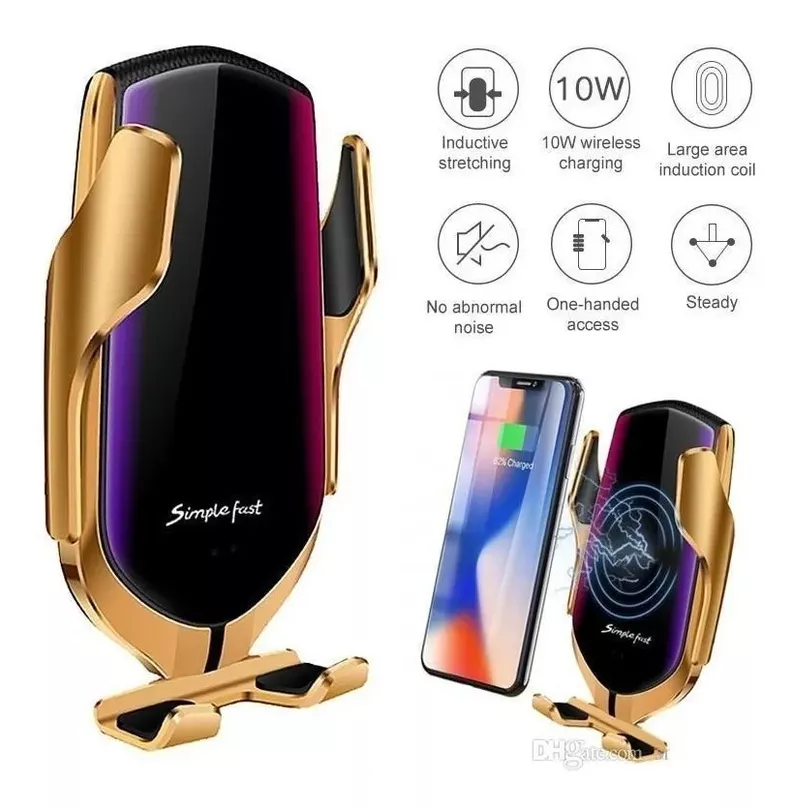 Soporte Porta Celular Auto Cargador Inteligente Inalámbrico Smartphone R2 Dorado-3