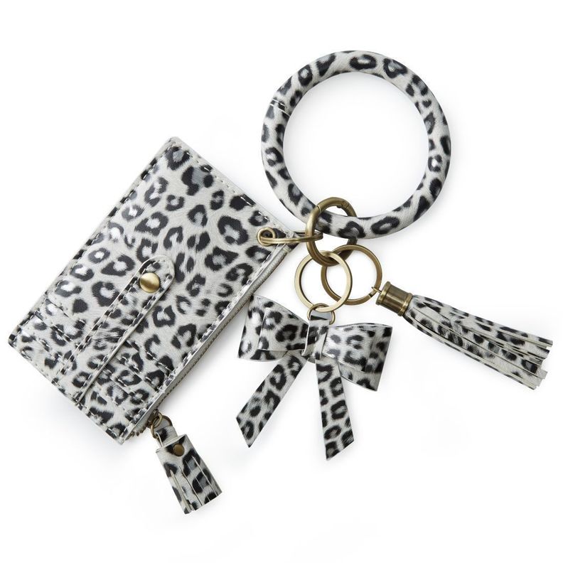 Ecosusi Llavero de pulsera con borla y lazo  - leopardo blanco-0