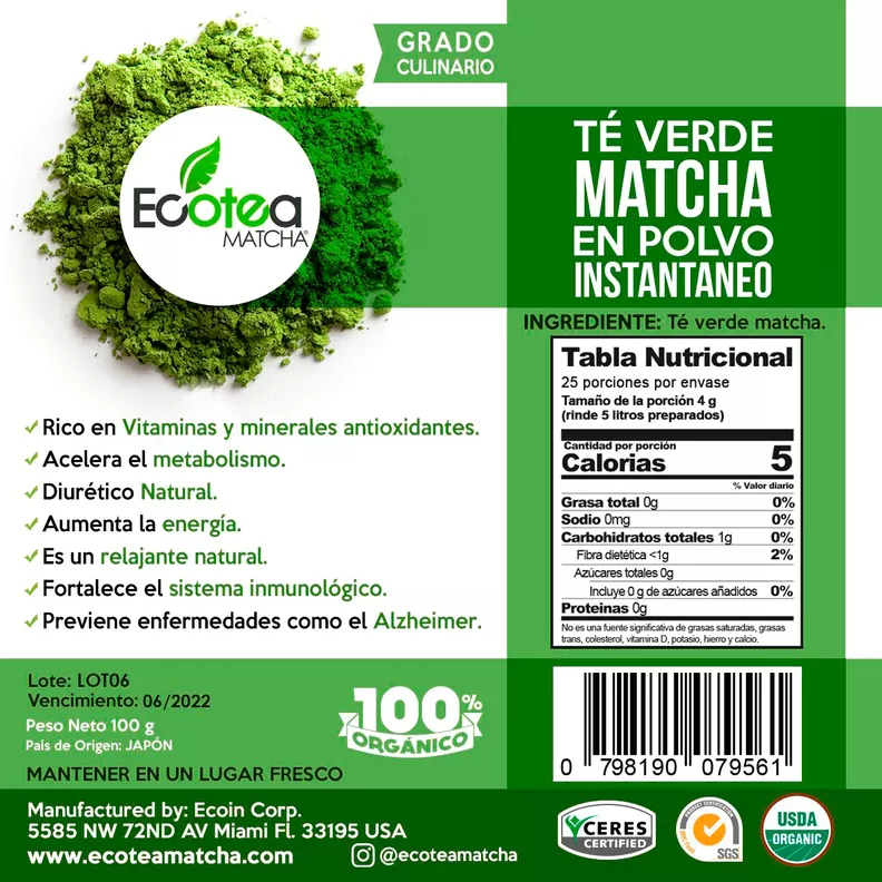 Ecotea  Matcha  Te Verde  Japones  Culinario  Usda  Organico  - 100g-1