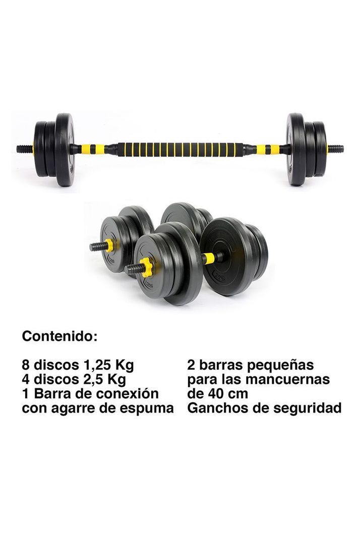 Set Barra y Mancuernas Ajustable 20 Kg Amarillo-2