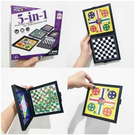 Juego magnético 5 en 1, Ludo, Juego de cartas, ajedrez, damas y ajedrez de Serpientes-2