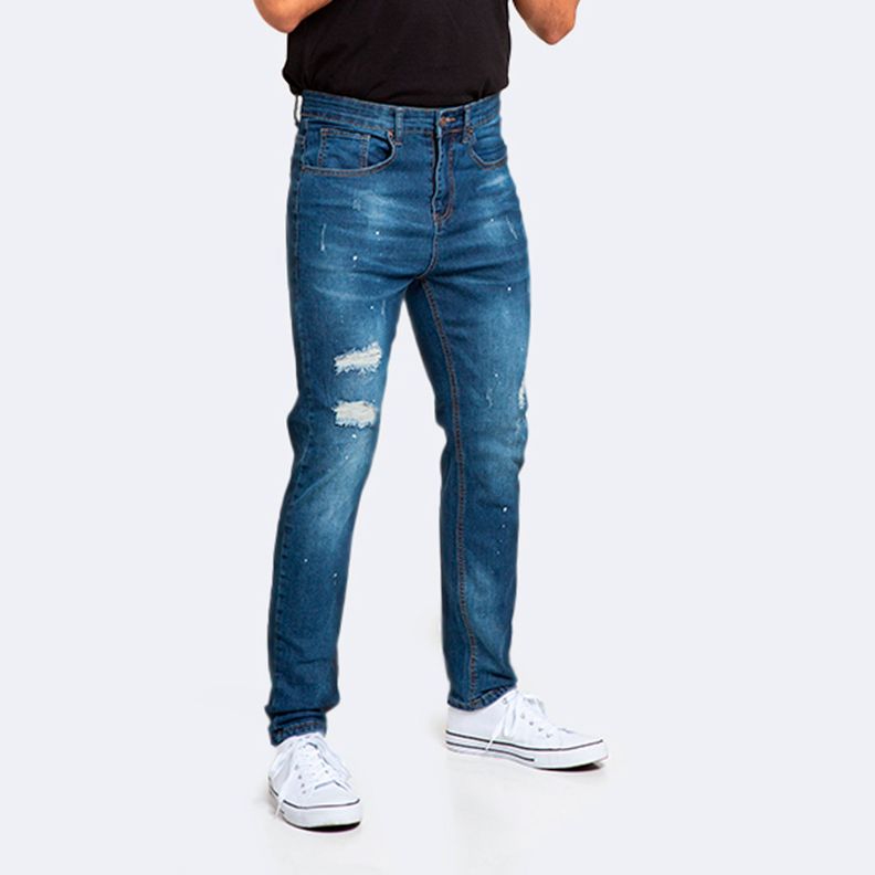 Jeans Hombre Skinny Azul Focalizado Con Destroyer Pintado-0