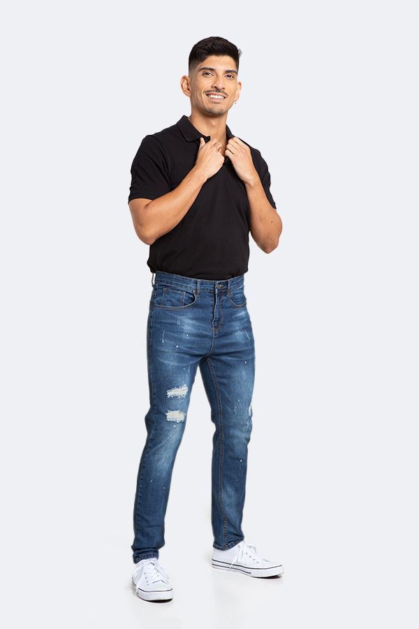Jeans Hombre Skinny Azul Focalizado Con Destroyer Pintado-2