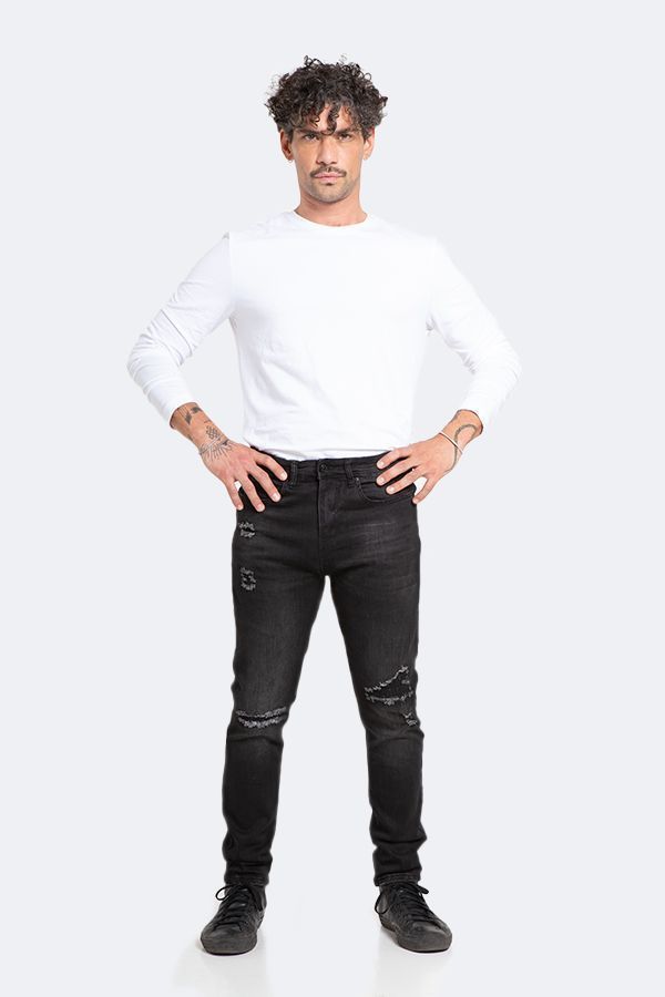 Jeans Hombre Skinny Negro Focalizado con Destroyer-1
