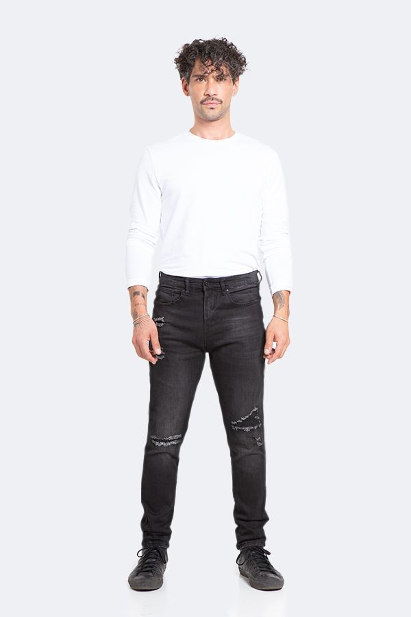Jeans Hombre Skinny Negro Focalizado con Destroyer-5
