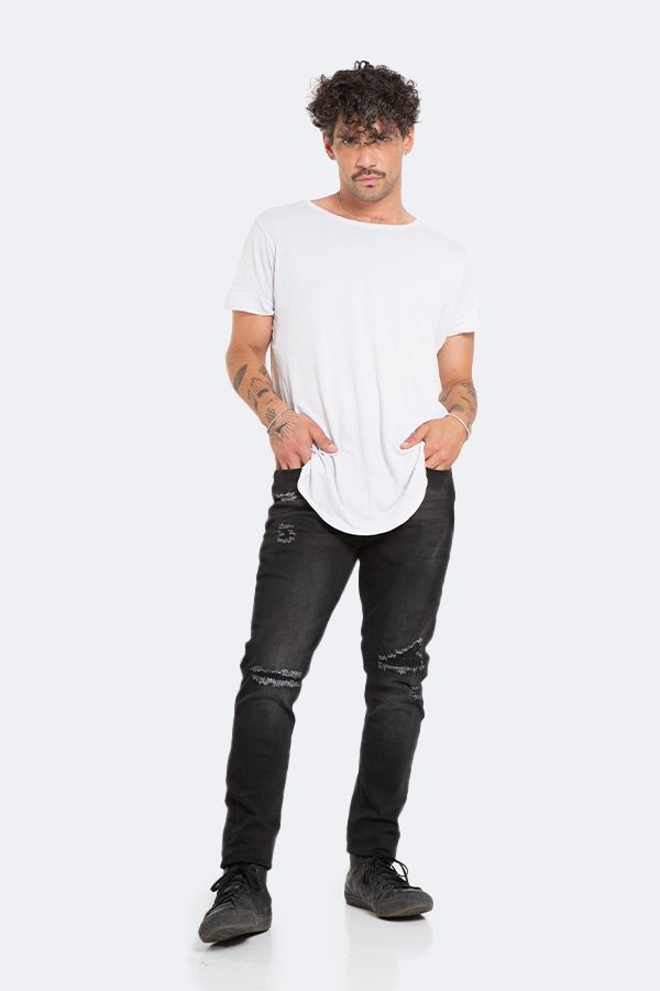 Jeans Hombre Skinny Negro Focalizado con Destroyer-2