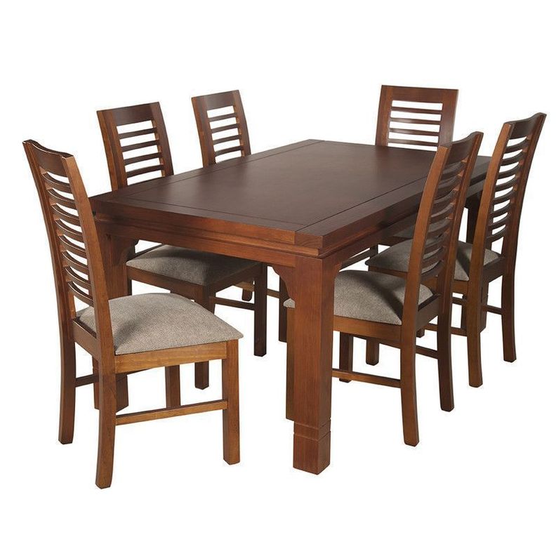 JUEGO DE COMEDOR LUCIANA RECTANGULAR 6 SILLAS MADERA COLOR MIEL TAPIZ CAFÉ JASPEADO-0