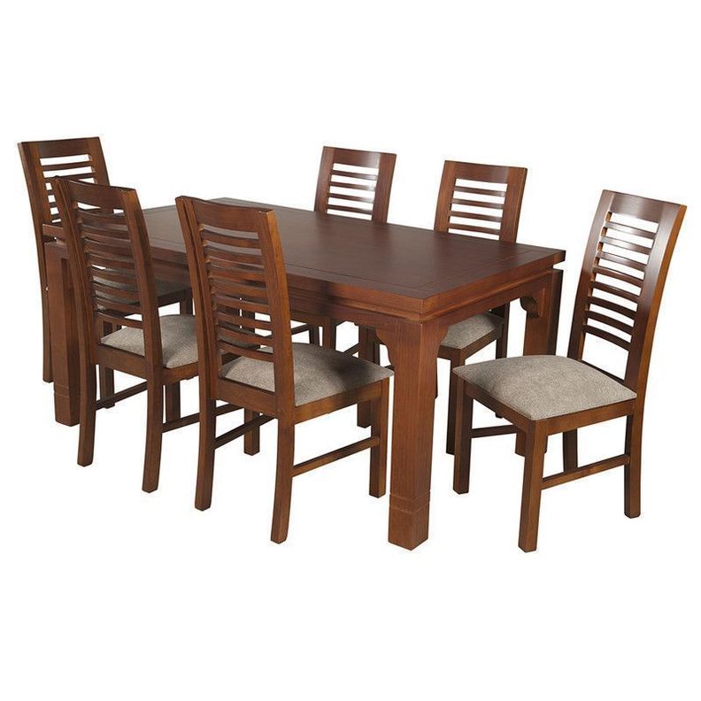 JUEGO DE COMEDOR LUCIANA RECTANGULAR 6 SILLAS MADERA COLOR MIEL TAPIZ CAFÉ JASPEADO-6