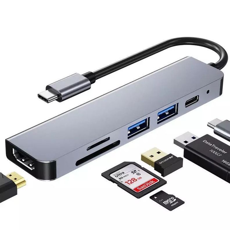 Hub Tipo C 6 en 1 Hdmi 4k Sd Pd Compatible Mac y Windows-1