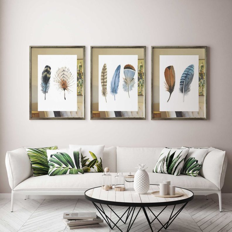 Set 3 Cuadros Plateado Plumas Espejo 30X40-1