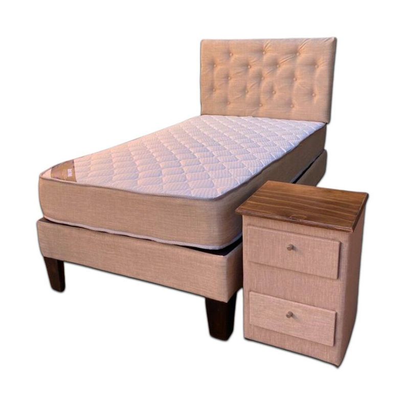 Cama Americana 1.5P + Colchon de Resorte + Respaldo Beige Lino+Velador Pmadera-1