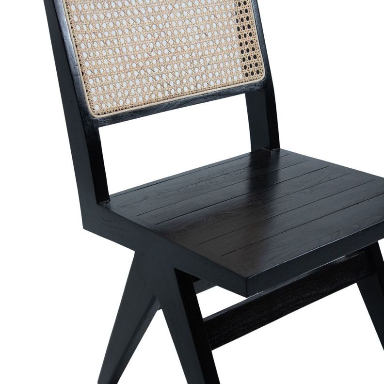Silla de teca negra con respaldo de rattan natural 82x46x48 cm-3