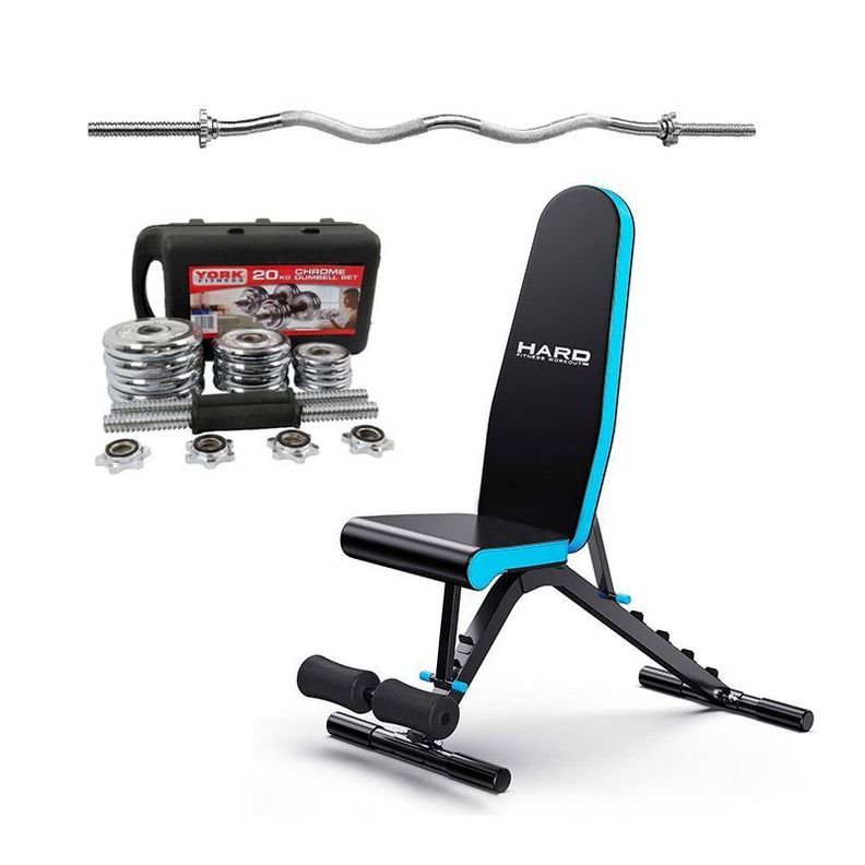 PACK BANCO MULTIFUNCIONAL DS501 + MALETIN MANCUERNAS YORK 20 KG + BARRA CURVA-0