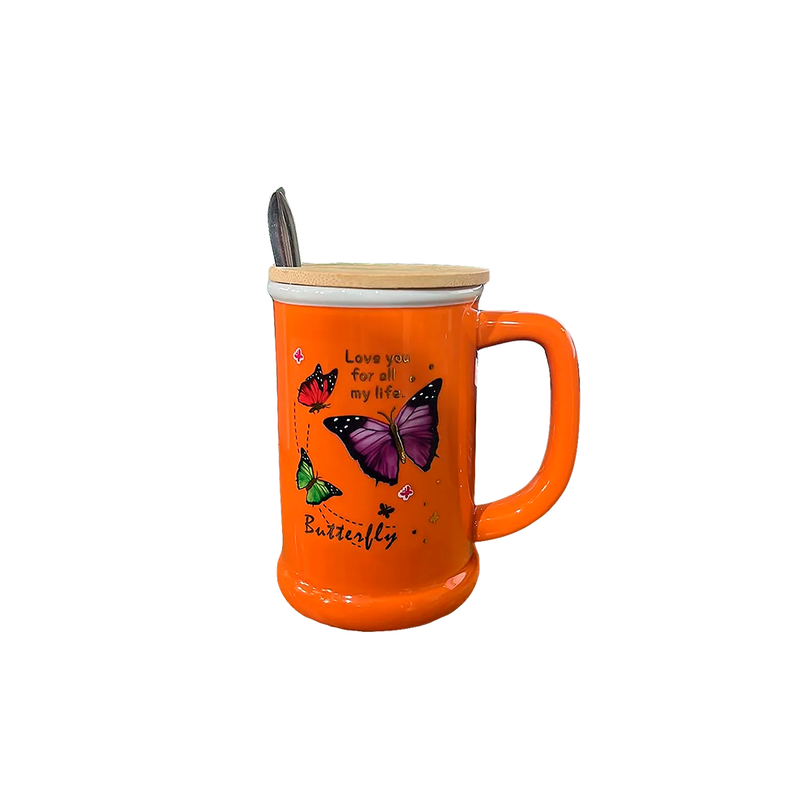 Taza Cafe Ceramica Tapa Madera Diseño Mariposa 500ml-0