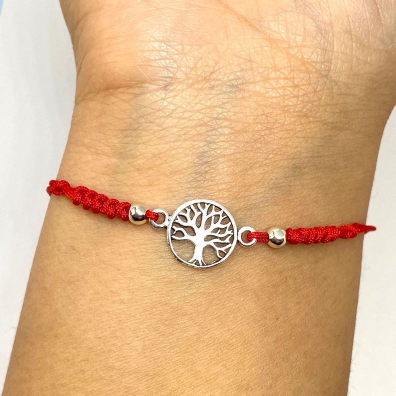 Pulsera Ajustable Cordón Rojo Árbol De La Vida Plata Fina 925-1