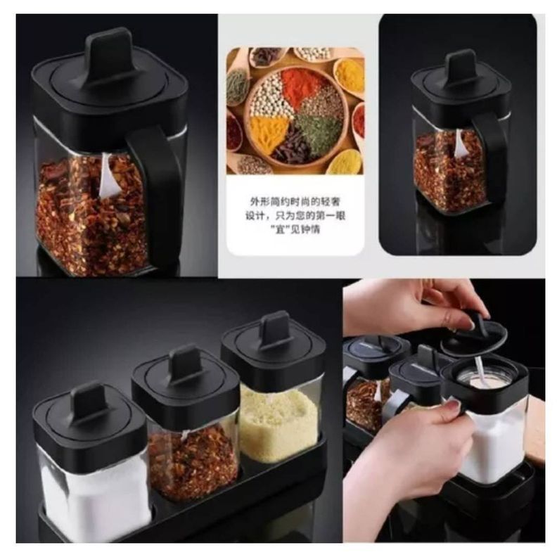 Set De 3 Especieros Frascos Para Condimentos Con Su Base Y Cuchara-5