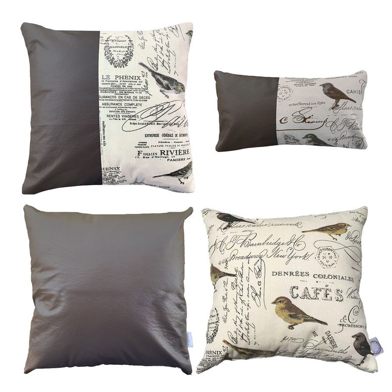 PACK 4 FUNDAS COJIN DECORATIVO ECOCUERO AVES CAFE 50X50-0