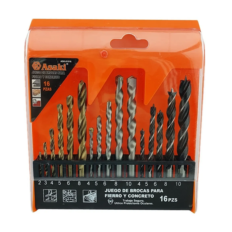 Juego De Brocas Para Madera Cemento Metal 16 Piezas Asaki-0