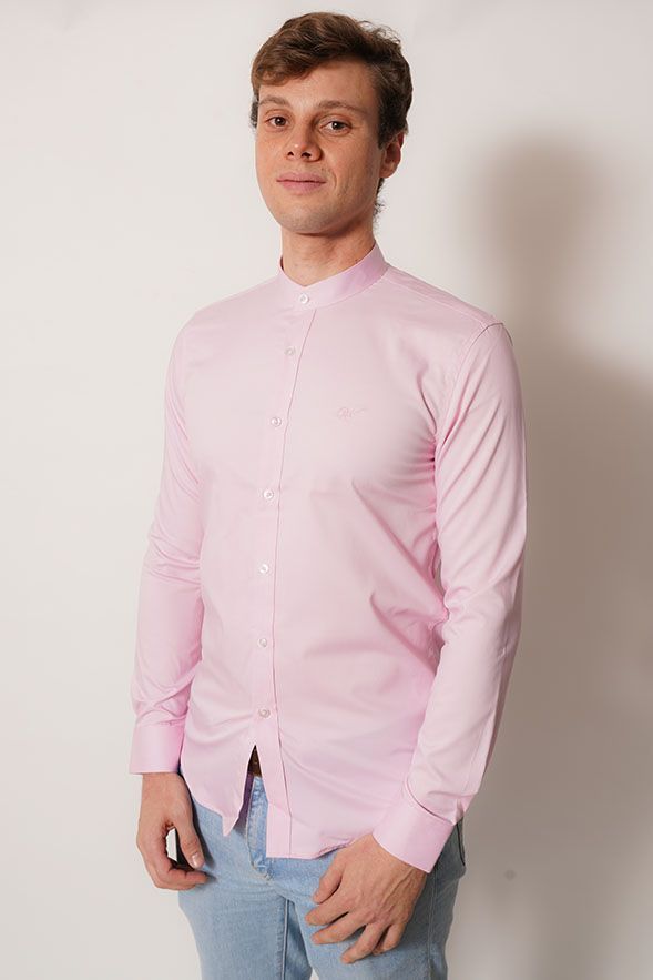 Camisa cuello mao rosa manga larga fit White Cloth-2