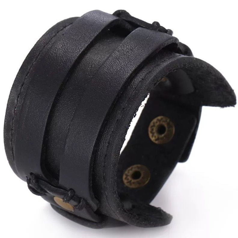 Pulsera Brazalete Eco Cuero Liso Negro, Masculino Negro.-0