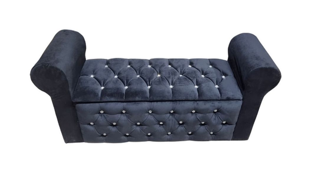 Banqueta Baul Capitone negro felpa B/diamantes-0
