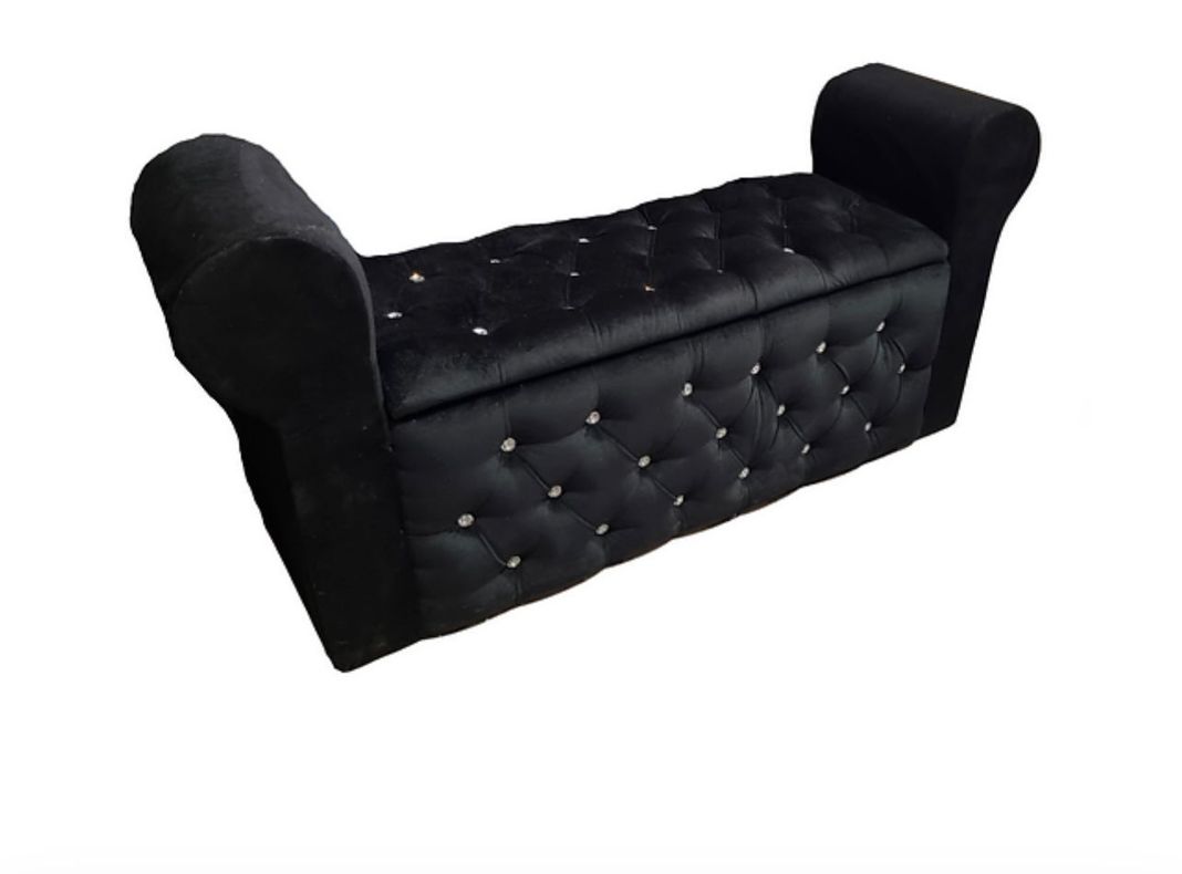 Banqueta Baul Capitone negro felpa B/diamantes-2