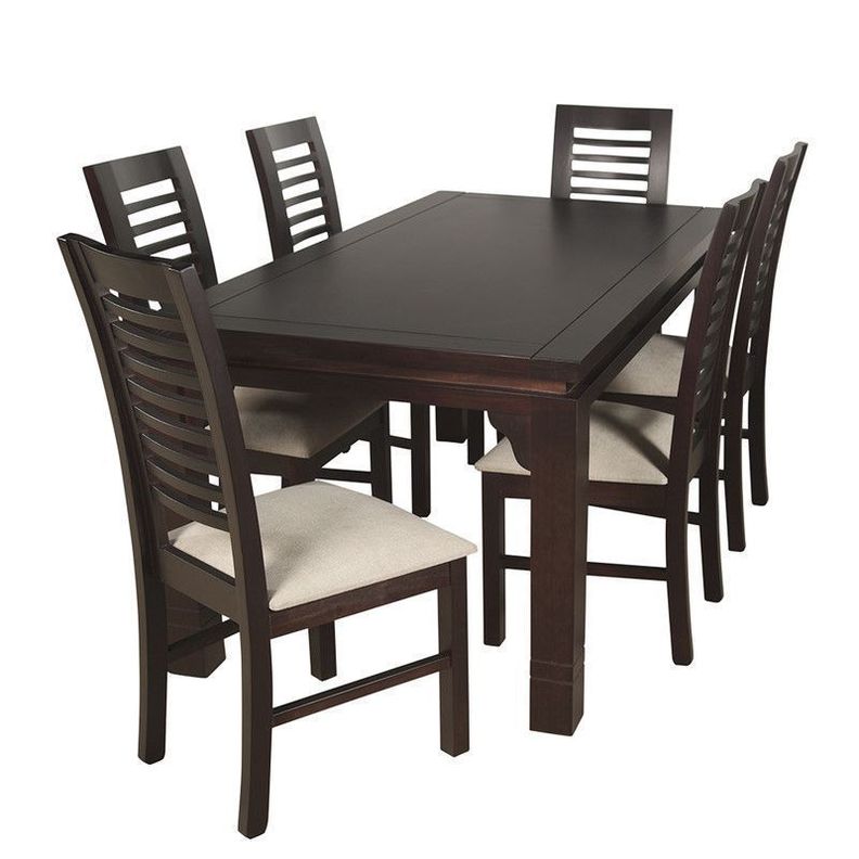 JUEGO DE COMEDOR LUCIANA RECTANGULAR 6 SILLAS MADERA COLOR CHOCOLATE TAPIZ BEIGE JASPEADO-0