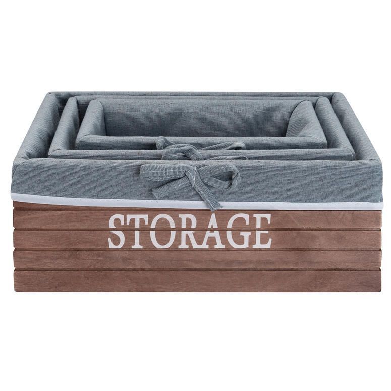Set de 3 contenedores madera con tela Marron Set de 3 Beige