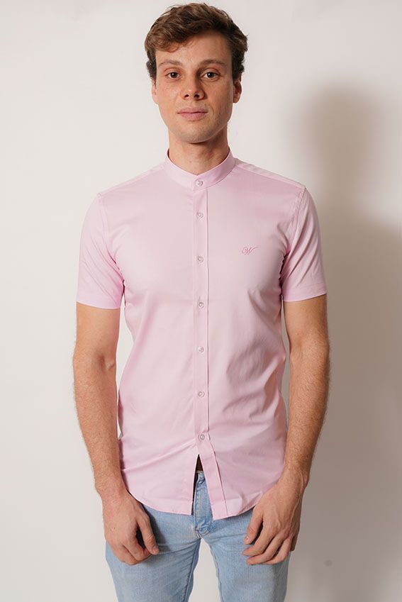 camisa cuello mao  color rosa manga corta fit-0