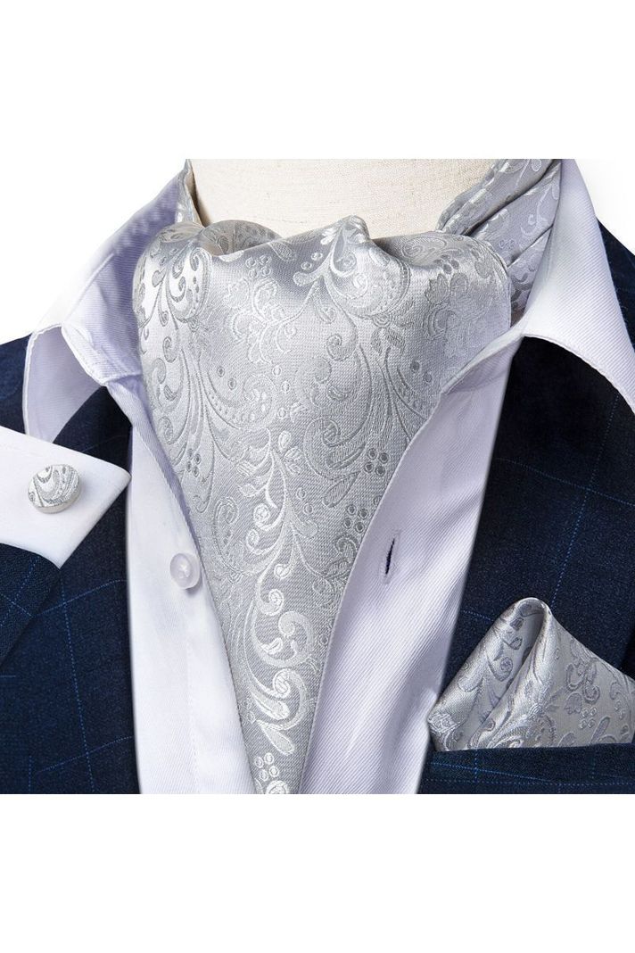 Set Corbata Gruesa Ascot + Paño + Collera formal hombre. Silver-0