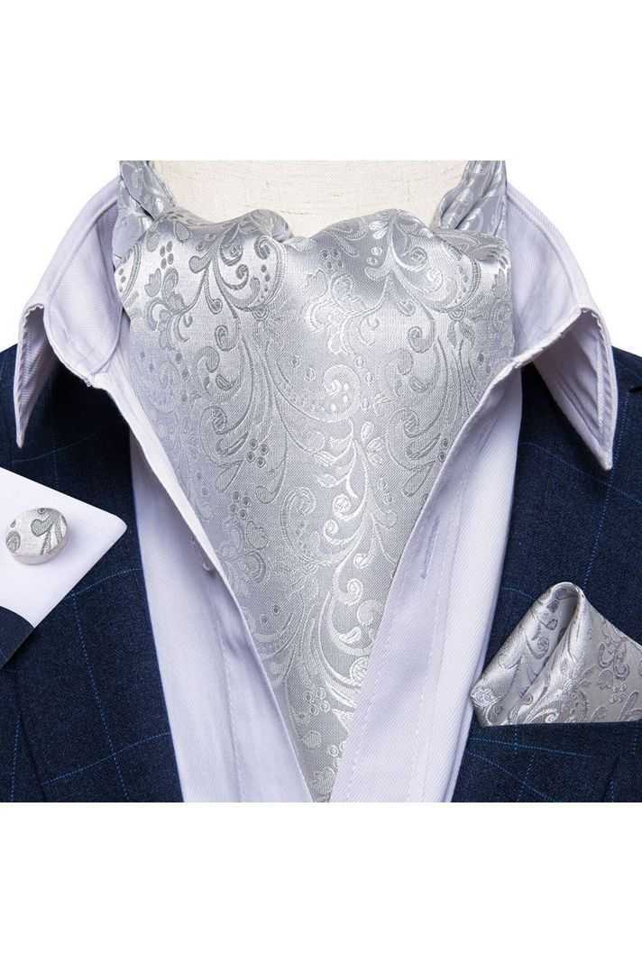 Set Corbata Gruesa Ascot + Paño + Collera formal hombre. Silver-2