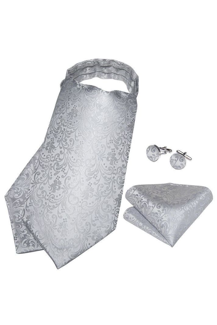 Set Corbata Gruesa Ascot + Paño + Collera formal hombre. Silver-1