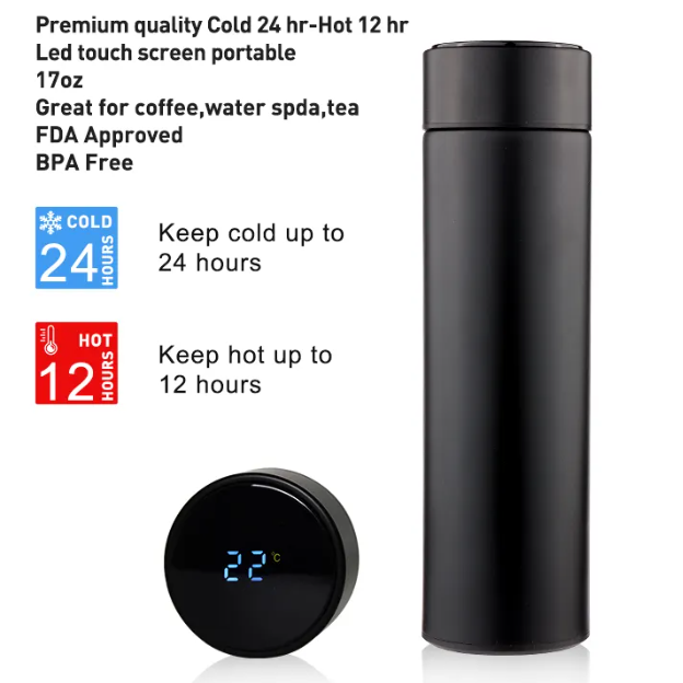Termo De Agua Botella Con Pantalla De Temperatura Led 500 ML Negro-6