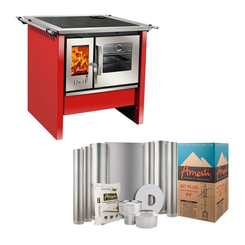 COMBO COCINA A LEÑA ALLEGRA ROJA AMESTI +KIT INSTALACION 5"-0