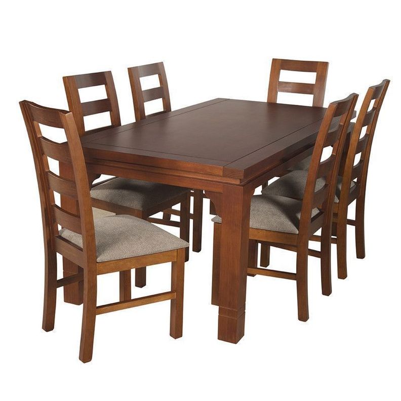 JUEGO DE COMEDOR AMELIA RECTANGULAR 6 SILLAS MADERA COLOR MIEL TAPIZ CAFE JASPEADO
