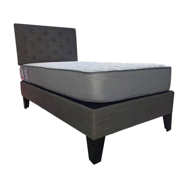 Cama Americana 1.5P + Colchon de resortes + Respaldo Gris Lino Pmadera