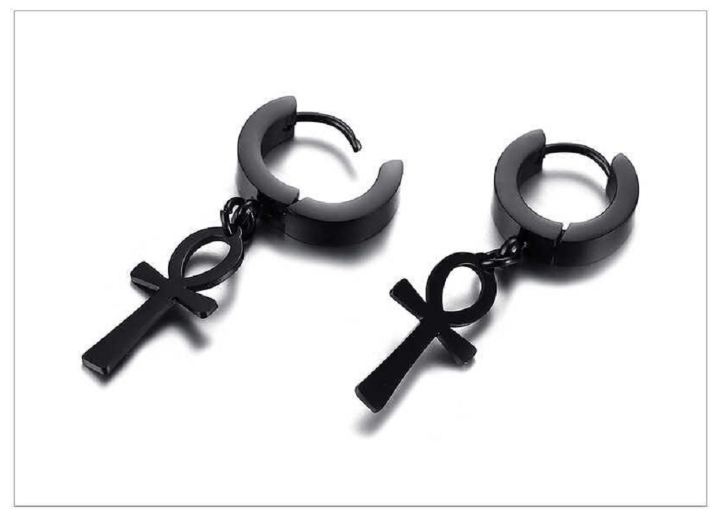 Aros Punk Black Ankh Cross Hombre Mujer Acero Cruz Negro-2