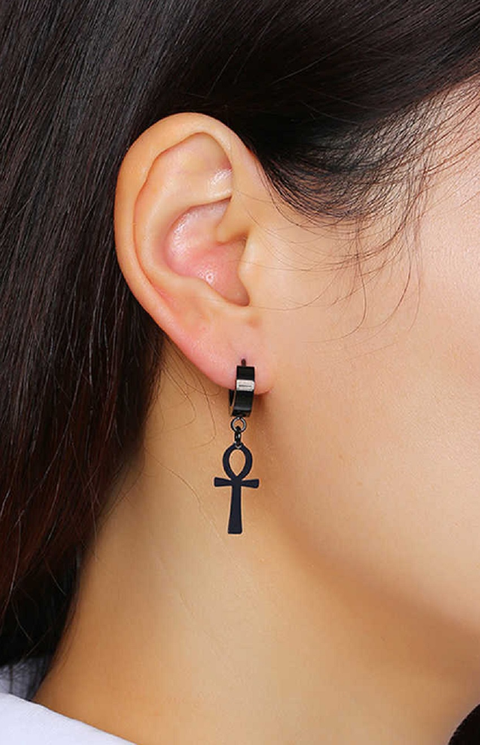 Aros Punk Black Ankh Cross Hombre Mujer Acero Cruz Negro-1
