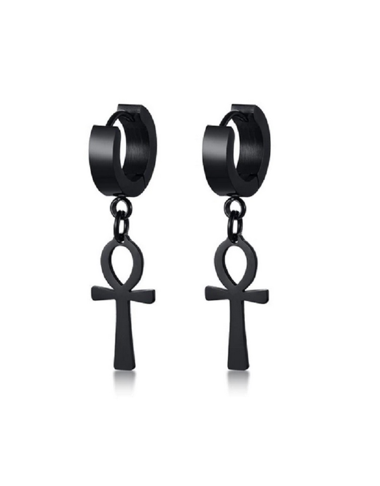 Aros Punk Black Ankh Cross Hombre Mujer Acero Cruz Negro-0